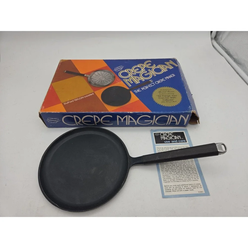 Popeil's Crepe Magician Pan Recipe Book Storage Dupont Teflon 1975 Vtg in Box